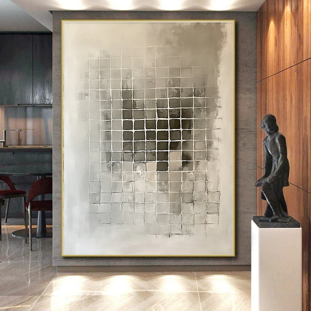 Gray - Toned Grid Abstract Painting with Subtle Variations GER227