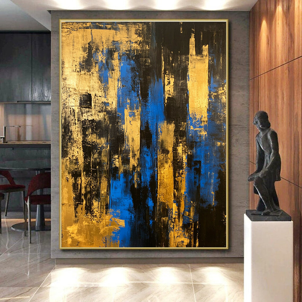 Black Gold and Blue Abstract Painting with Urban Edges GER397