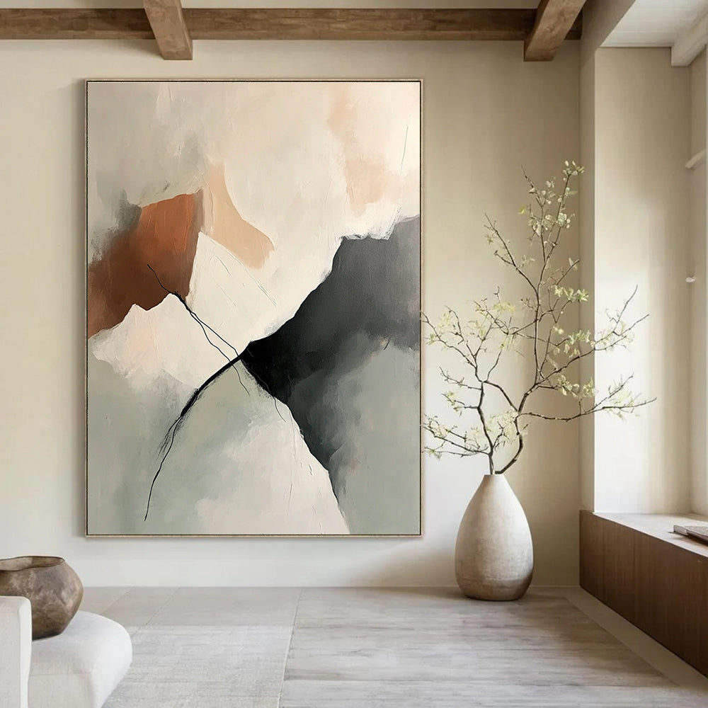 Large abstract painting featuring soft neutral tones and textured brush strokes with an isolated mountain range in shades of beige gray and peach.STSC800
