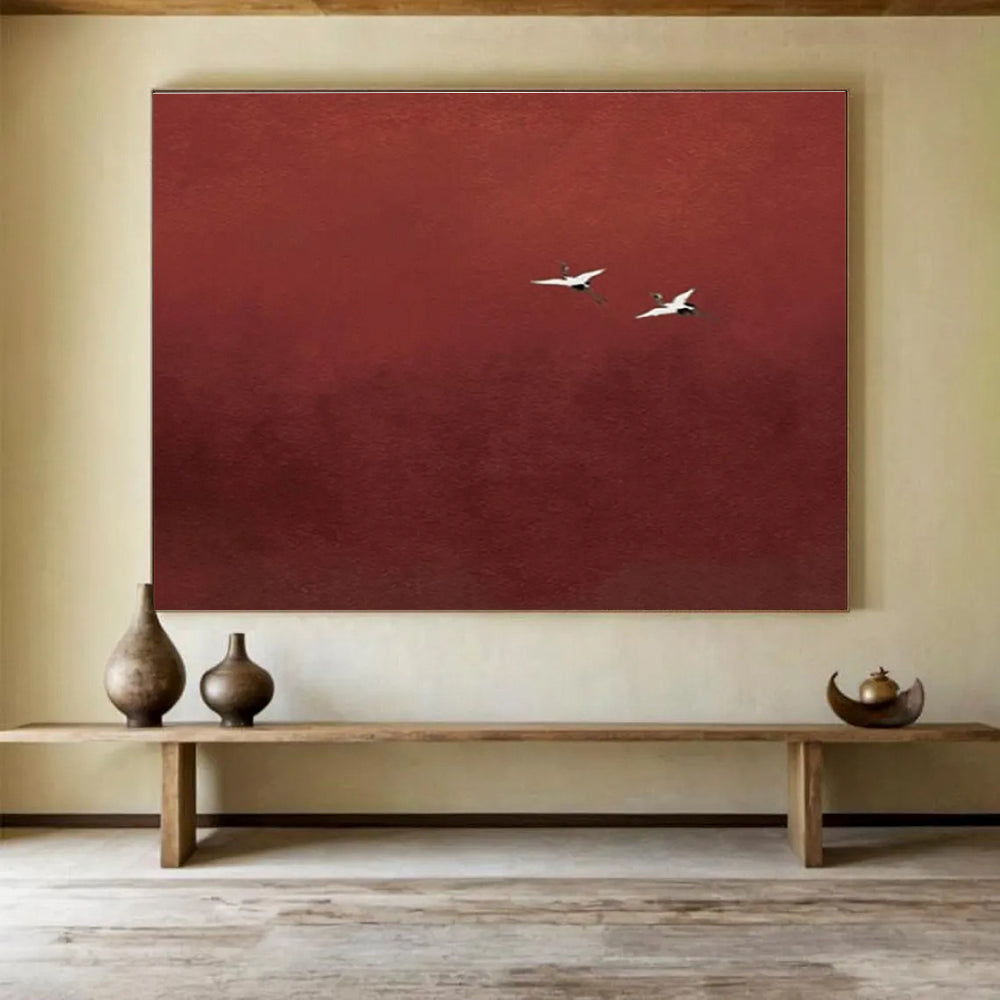 Red Crane Abstract Painting with Minimalist, Serene Beauty THY389