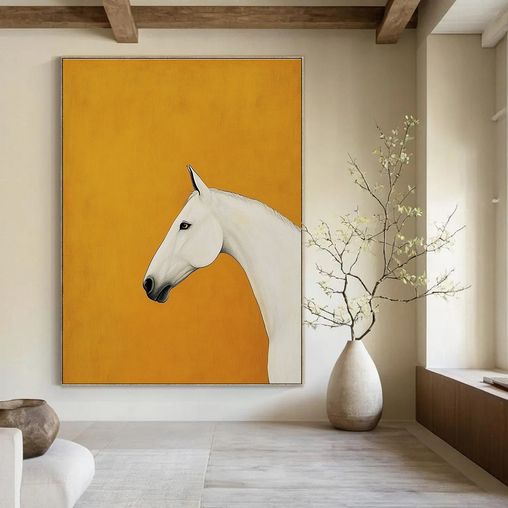 A large abstract painting featuring a minimalist white horse in profile against an orange background inspired by Kazumasa Nagai and Egon Schiele.STSC1348
