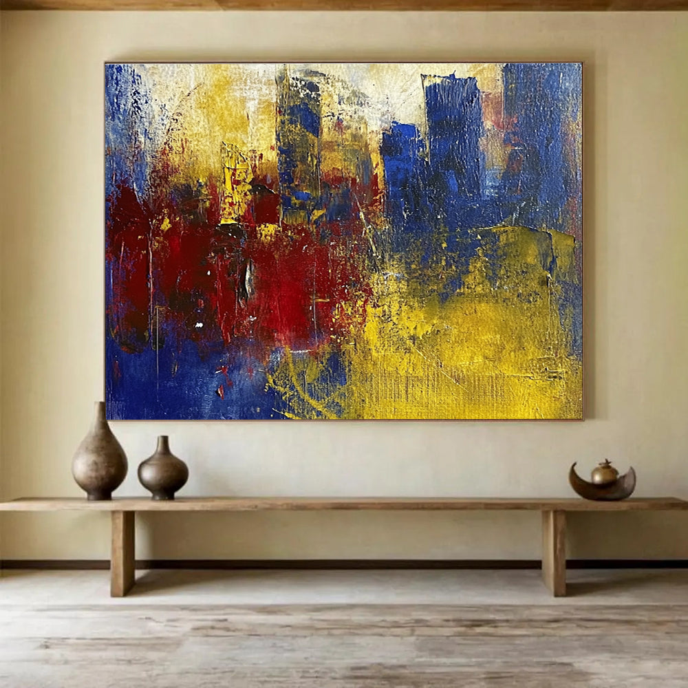 Textured Cityscape Abstract Painting with Blue Red and Yellow DYP515