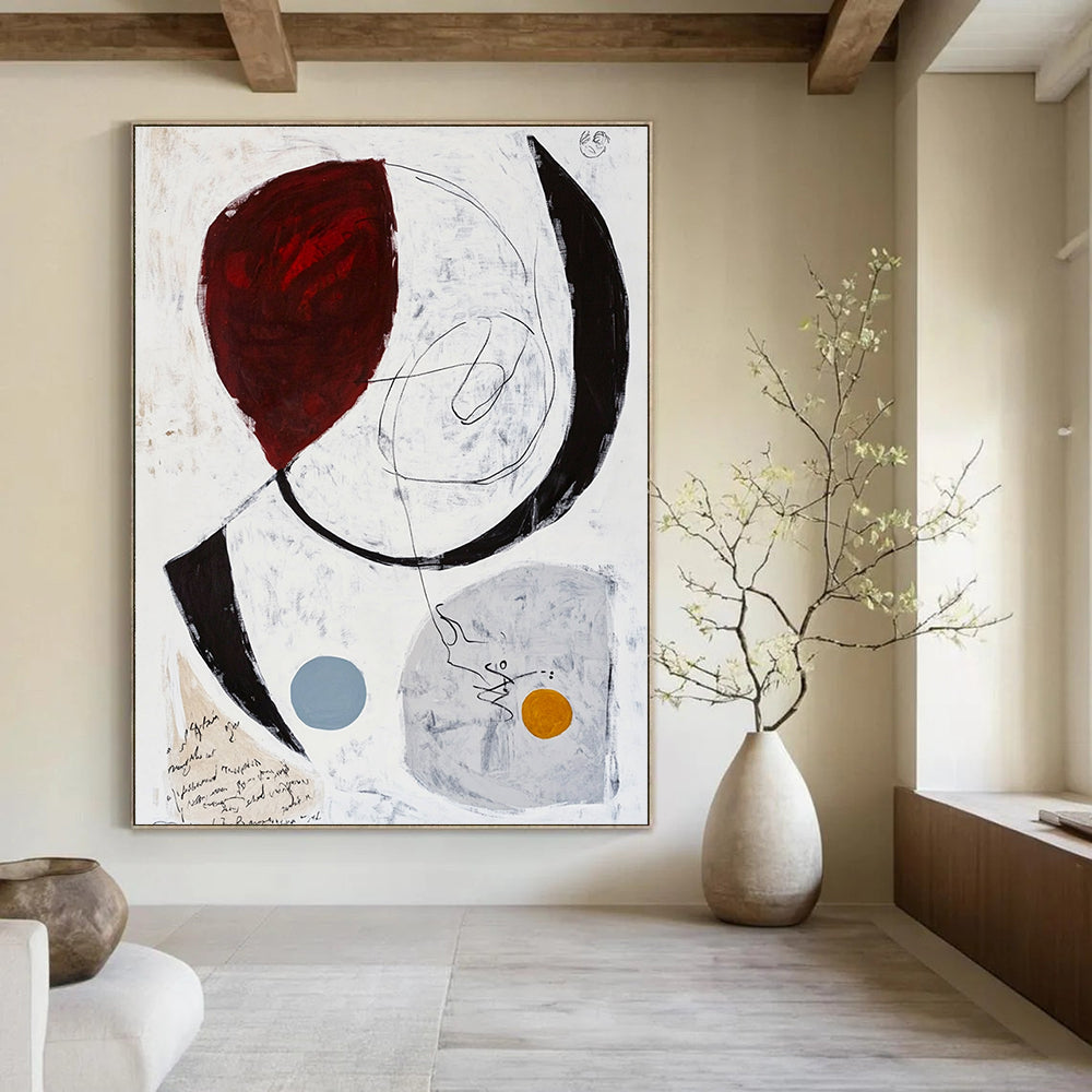 Large abstract painting featuring white grey and red tones with black lines and brown ink scribbles on paper.STSC829