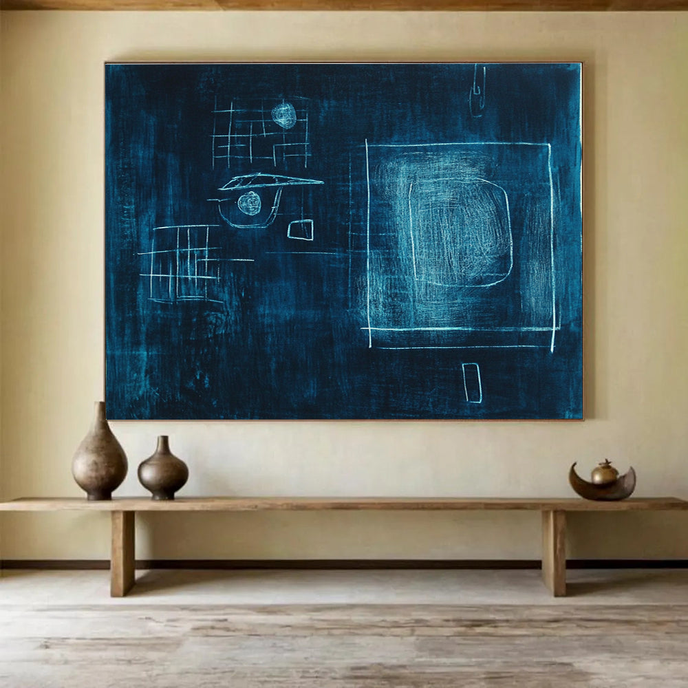 Large abstract painting in dark blue with glowing light and shapes, inspired by Paul Klee, featuring a dreamy atmosphere and bold lines.SC348