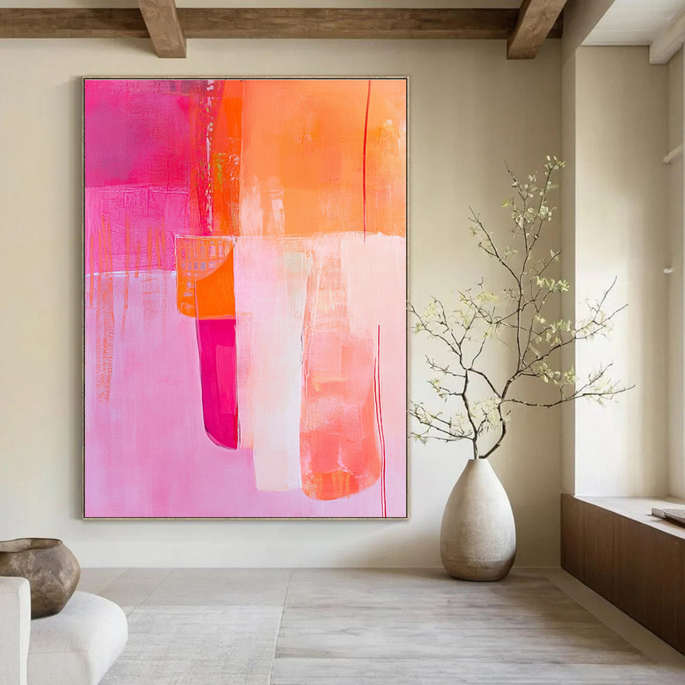Large abstract painting featuring pink and orange tones with a textured background and playful paper cutout in the foreground.STSC785