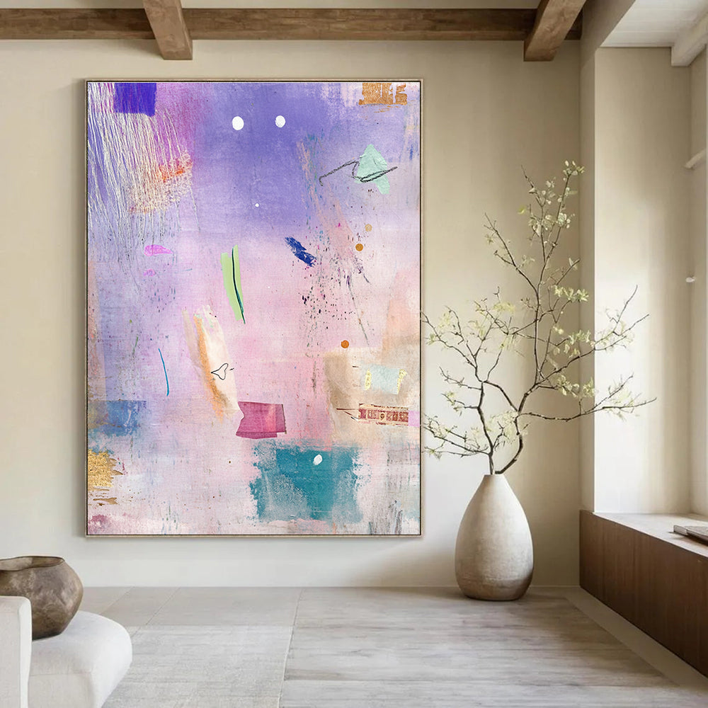 Abstract painting featuring pastel textures shapes dreamy atmosphere with dragonflies swans scattered books fabric feathers leaves watercolor technique whimsical aesthetic.STSC605