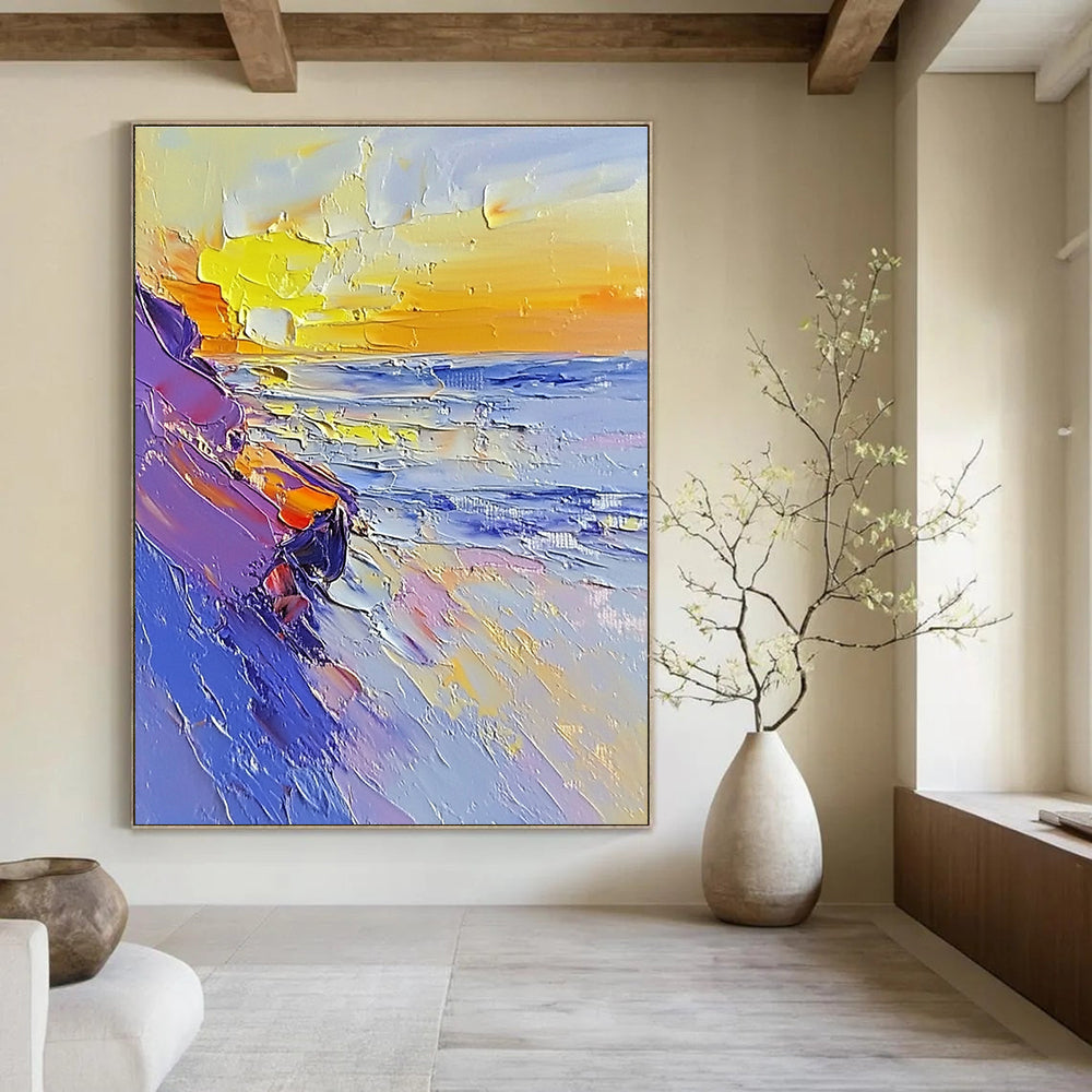 Large abstract painting featuring a sunset on the beach using a palette knife with white and pastel colors in broad strokes.STSC202