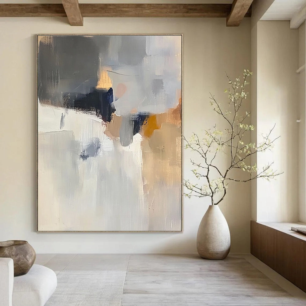 Large abstract painting with soft light colors grey and white atmospheric shapes hints of brown blue and yellow in muted tones.STSC686