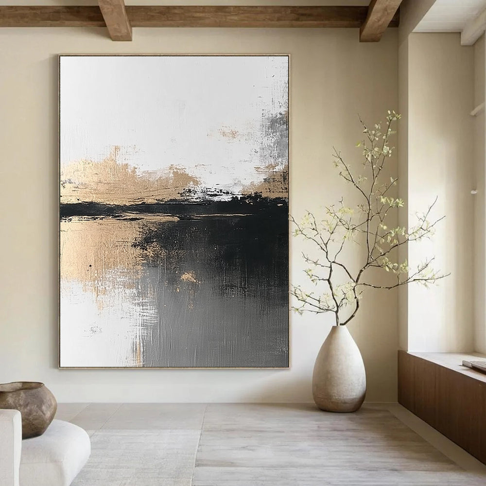 Abstract painting featuring atmospheric grey and gold tones with a minimalist landscape evoking calmness and serenity through brush strokes and textured water reflection.STSC387