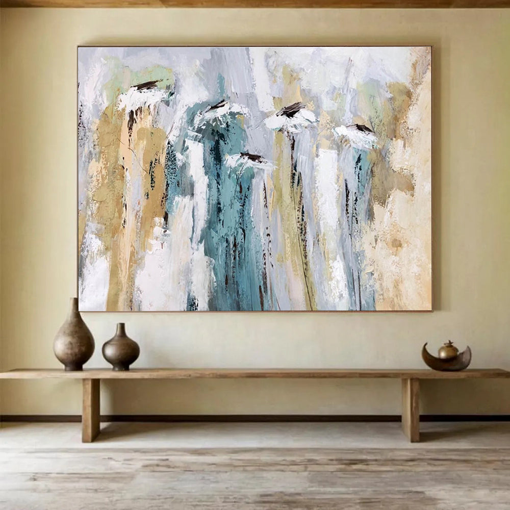 Floral Abstract Painting with Soft Green and Beige Tones THY155