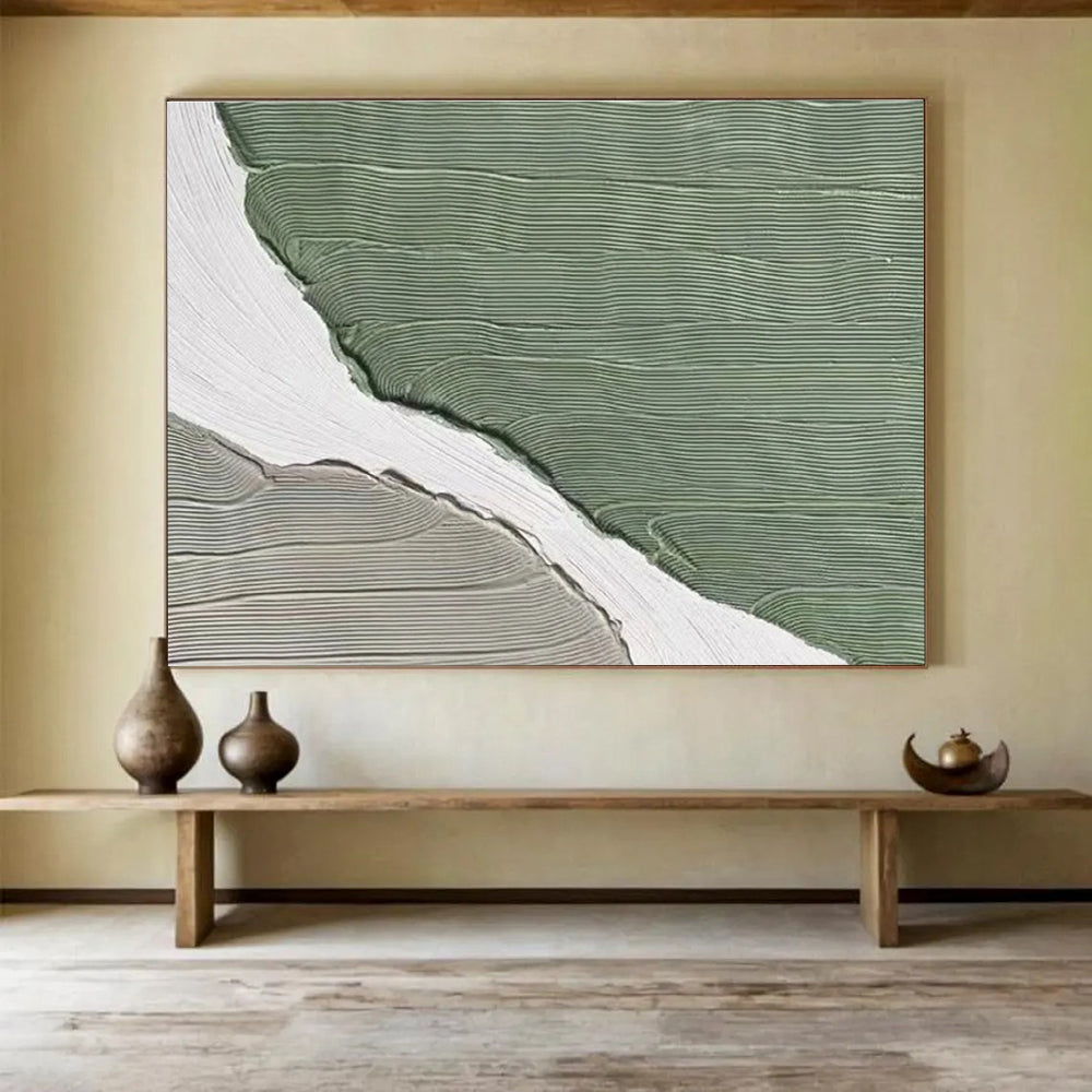 Green White Abstract Painting with Clean, Modern Lines THY396