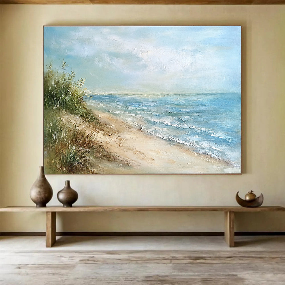 Serene Beach View Abstract Painting with Blue and Green Tones DYP569