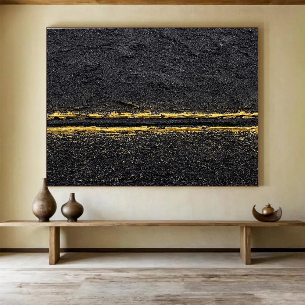 Black Gold Abstract Painting with Sleek - Sophisticated Lines THY367