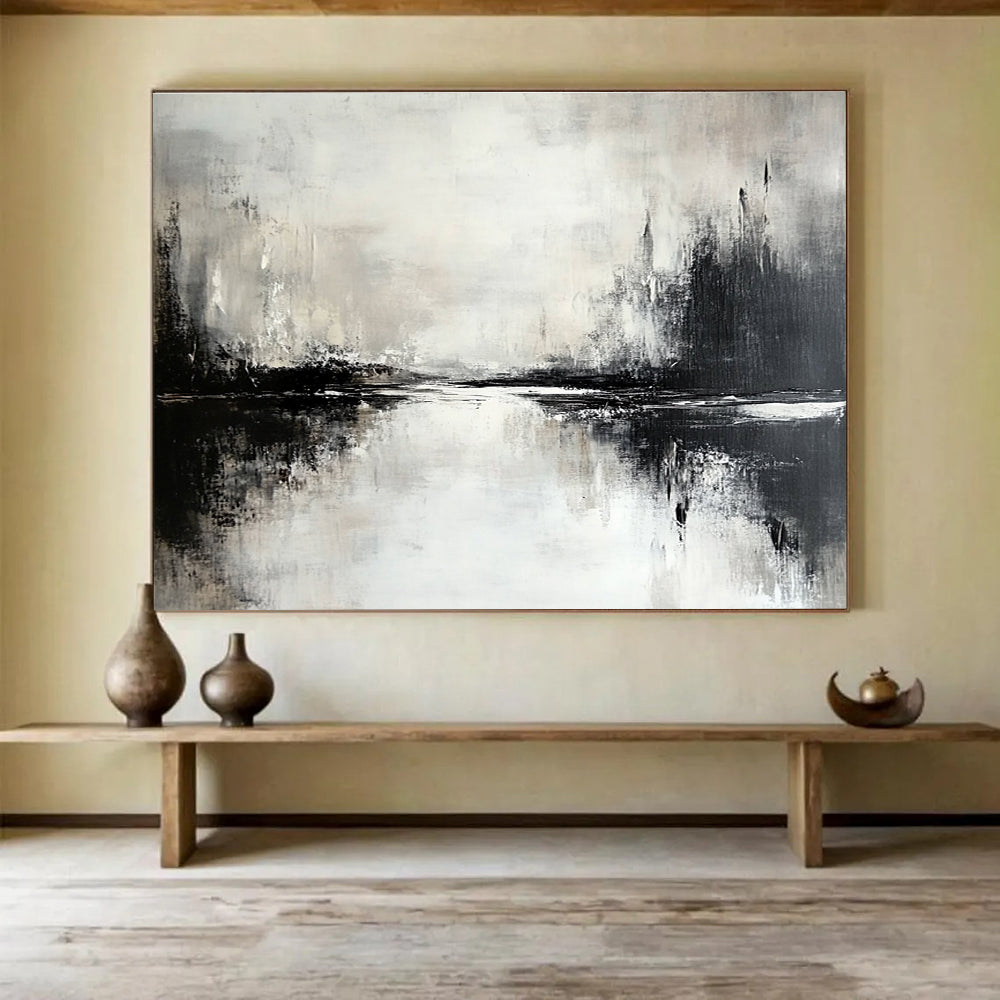Monochromatic Landscape Abstract Painting with Shades of Gray and Black DYP217