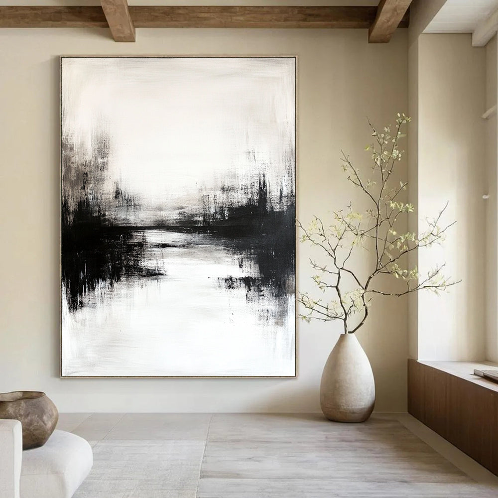 Large abstract painting featuring black and white tones with soft hazy reflections in neutral colors creating a low-contrast atmospheric effect.STSC234