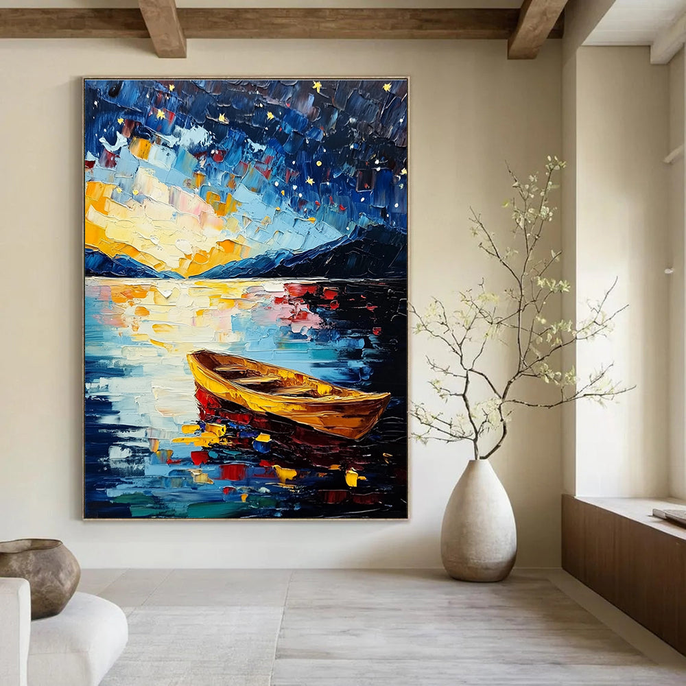 Large abstract painting of Lake Tahoe featuring a starry night sky colorful impasto brush strokes and a serene boat on the water.STSC877