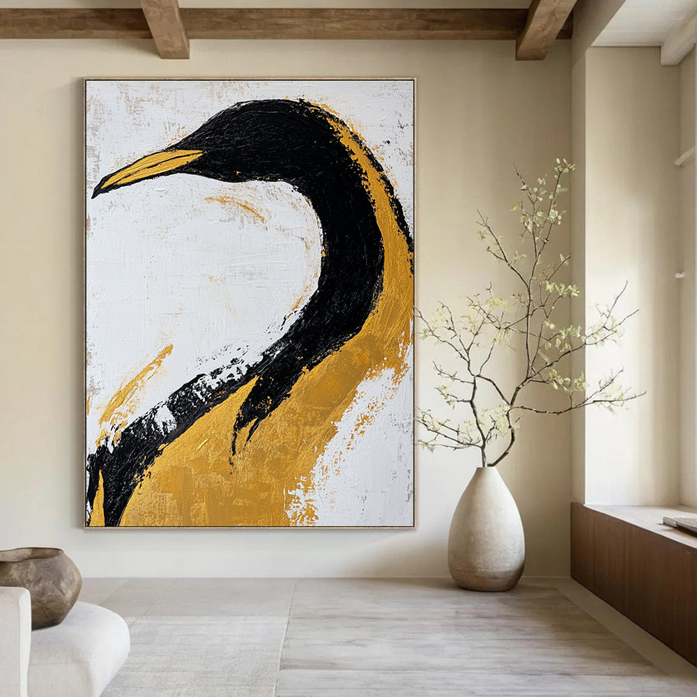 Large abstract art painting featuring a black and gold penguin on textured paper with gold leaf accents against a white background.STSC011
