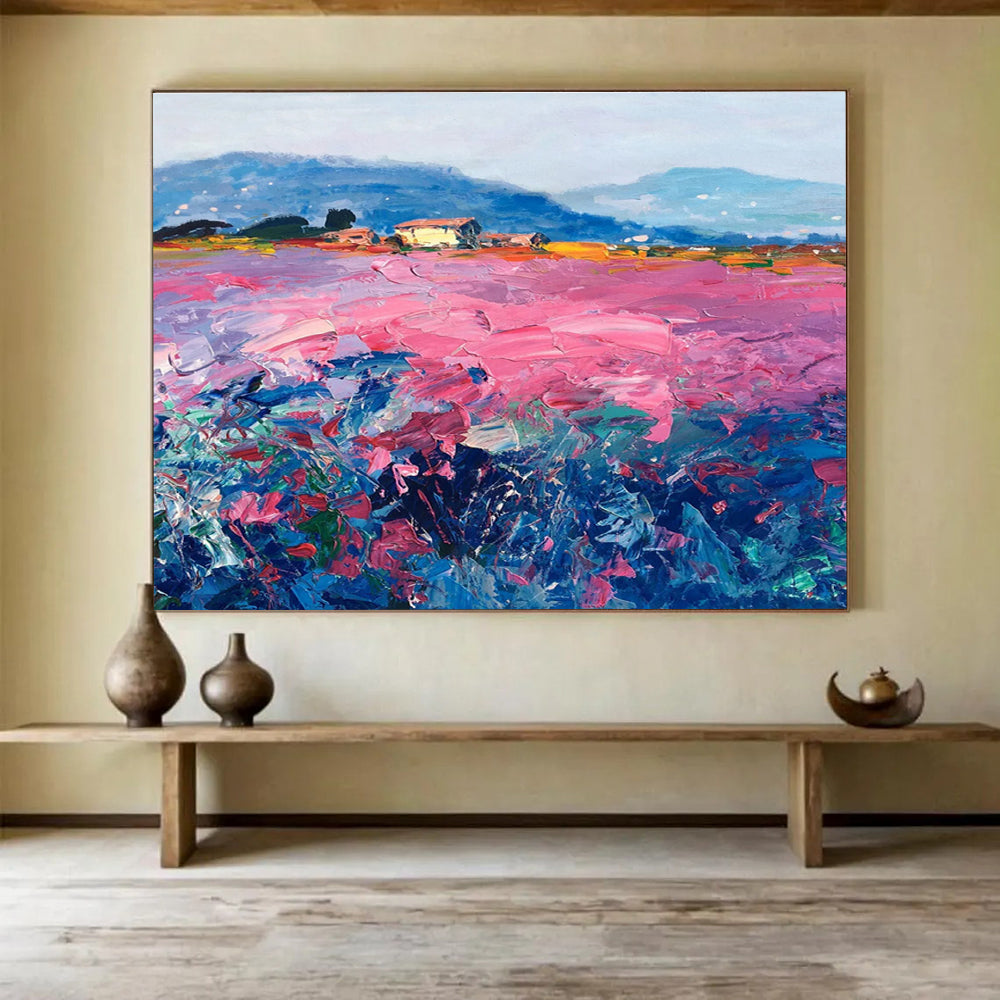 Pink Field with Houses Abstract Painting THY450