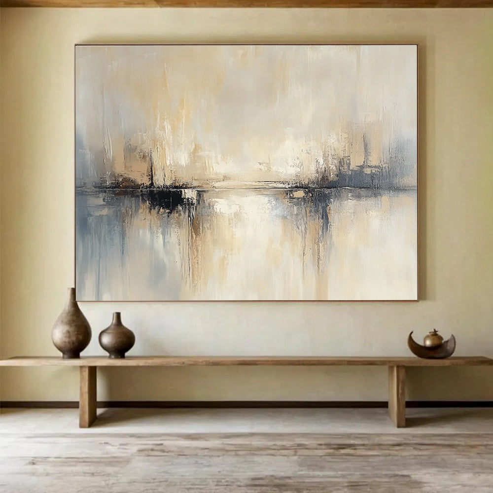 Large abstract painting featuring beige and grey tones soft edges and blurry water reflections against a neutral background.SC227