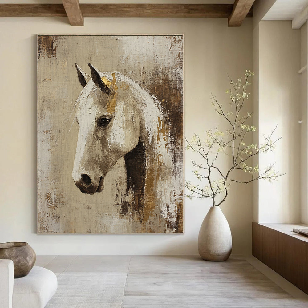 Abstract oil painting featuring an Arabian horse head in beige and white with gold accents set against a rustic neutral background.STSC143