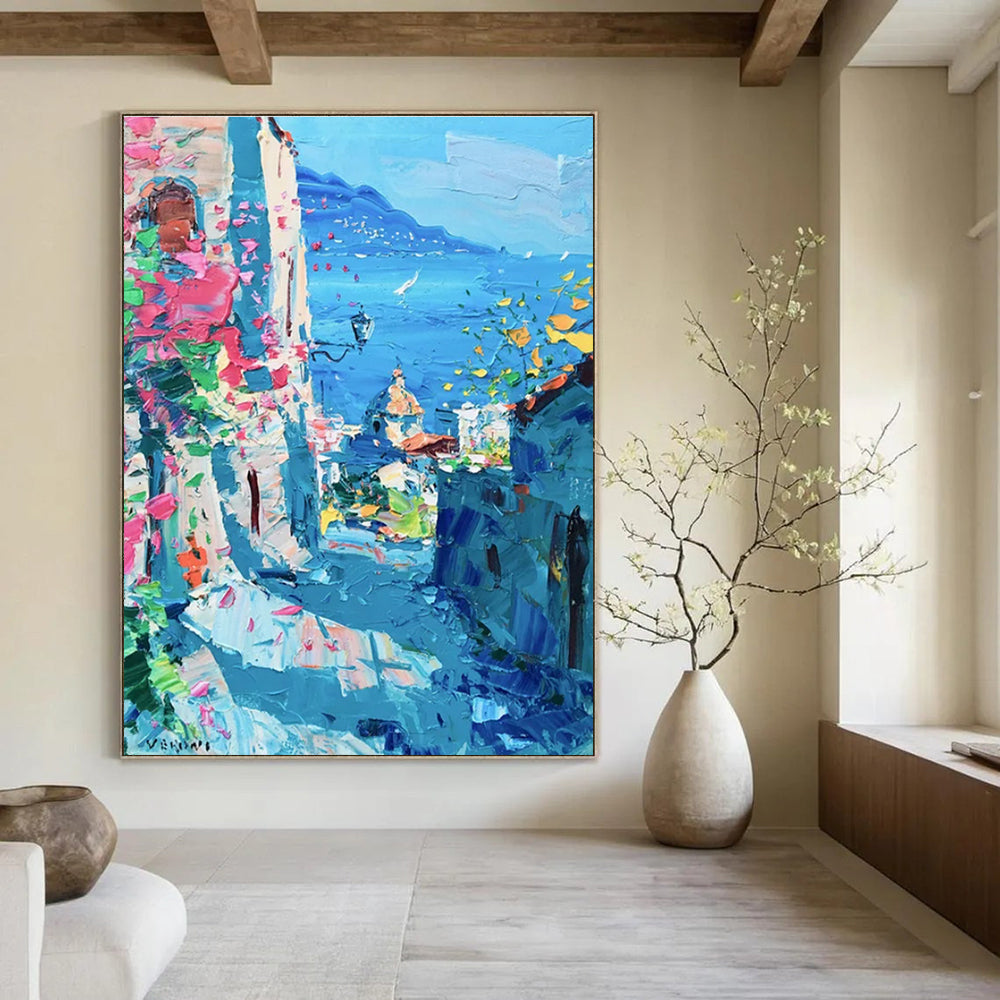 Coastal Town Abstract Painting with Blue and Pink Hues ADGE530