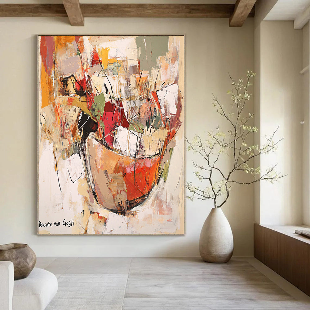 Large abstract painting featuring an earthenware jar overflowing with vibrant fabric and paper, set against a soft neutral background with floating elements.STSC639