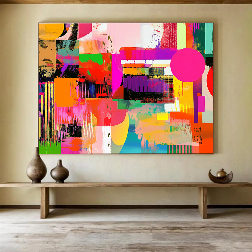 Large abstract artwork featuring vibrant colors and bold contrasts with dynamic shapes and patterns, reminiscent of pop art influences.SC461
