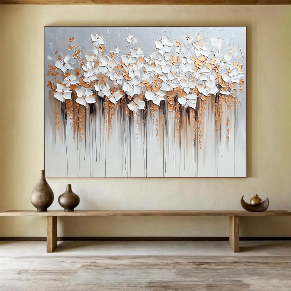 Large abstract painting with flowers in light gray and beige featuring dripped paint technique heavy impasto texture in silver and gold hues.SC294