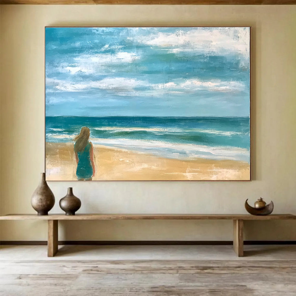 Woman by the Sea Abstract Painting with Blue and Beige Tones DYP520