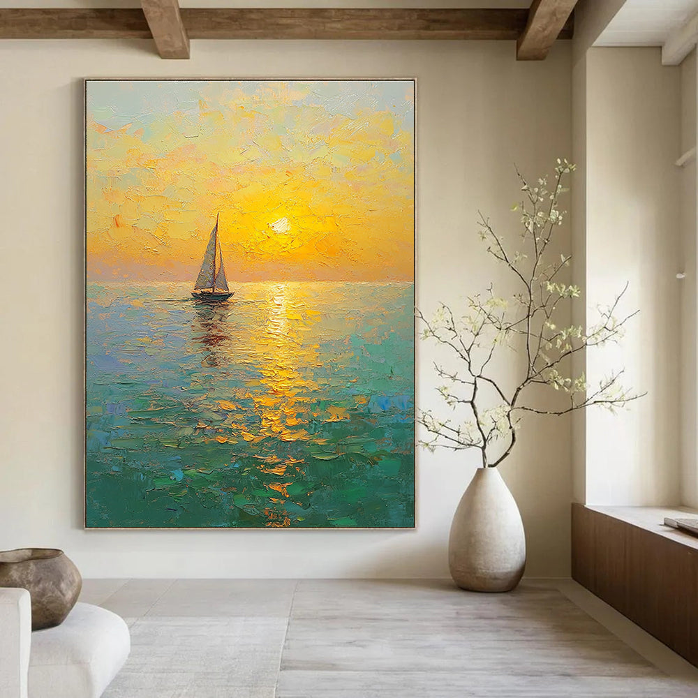 Large Abstract Painting of a golden sunset over the sea with sailboat textured brush strokes and a tranquil atmosphere of yellow-green and light blue.STSC1296