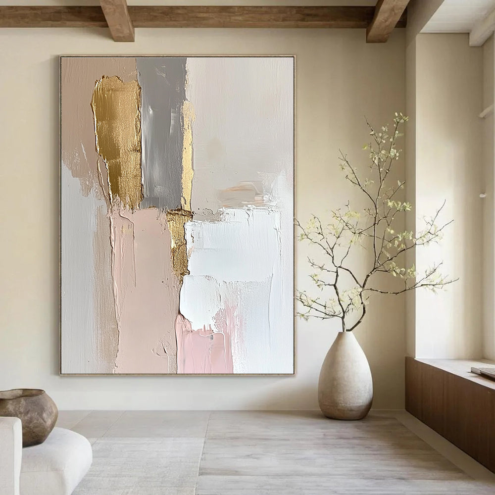 Large abstract oil painting featuring an elegant wall in white and gold with thick strokes and pastel tones enhanced by gold leaf accents.STSC147