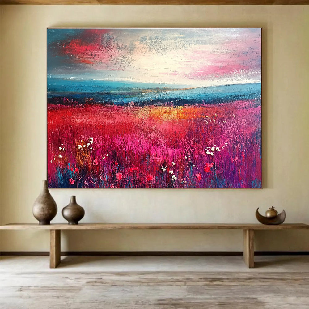 An abstract landscape featuring vibrant pink and teal brush strokes merges into a field of flowers, guiding the eye towards a distant horizon.SC314