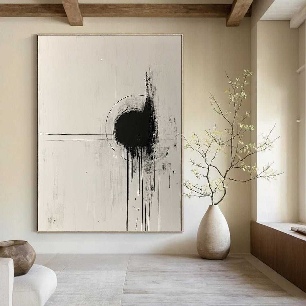 Large abstract painting with white background black lines paint drips central circle and expressive brush strokes emphasizing negative space.STSC568