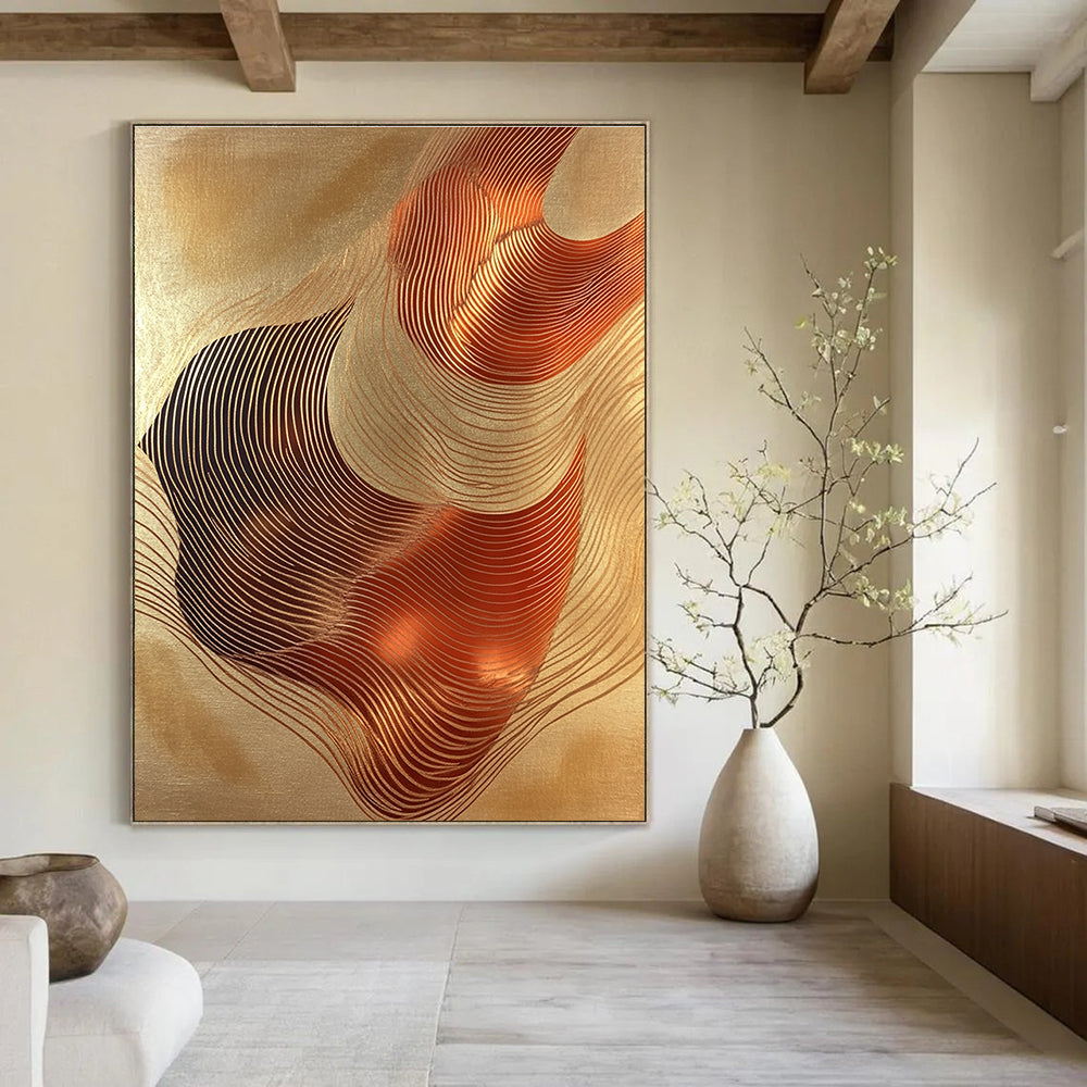 A large abstract artwork featuring elegant copper foil waves on golden paper exuding fluidity and harmony for any design space.STSC1440