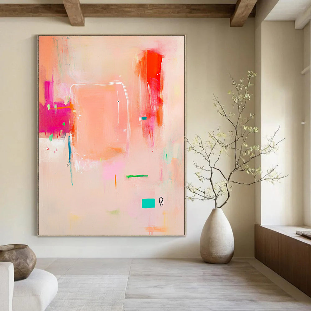 Abstract painting in pink white and orange with soft lines on beige featuring joyful elements a colorful central square and an empty text space.STSC689