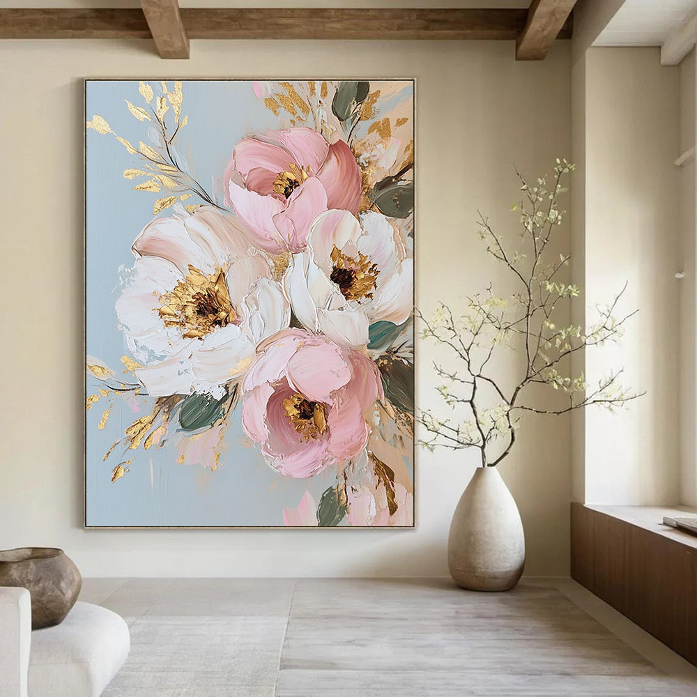 Large abstract painting featuring light pink and gold flowers on a light gray background with exquisite details and a white and cream style.STSC1375
