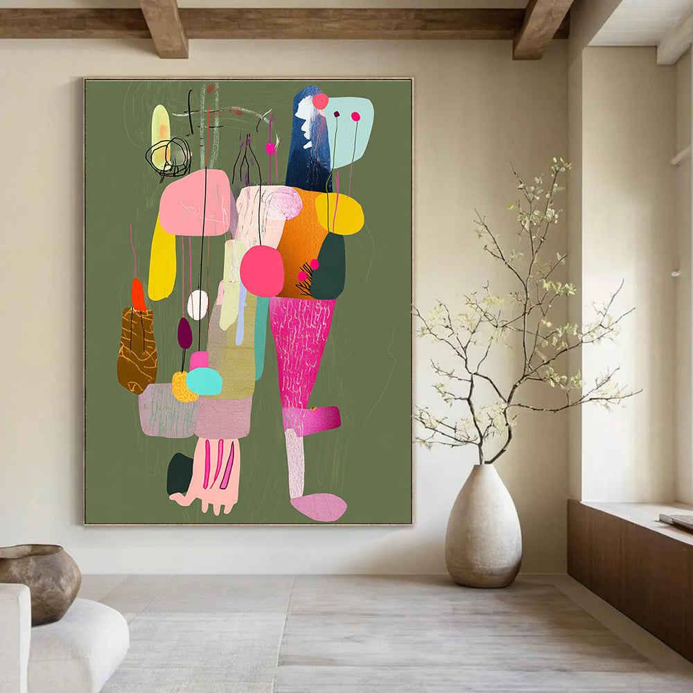 Large abstract painting featuring a colorful collage of limbs with strings connecting to various places against a muted greenish brown background.STSC970