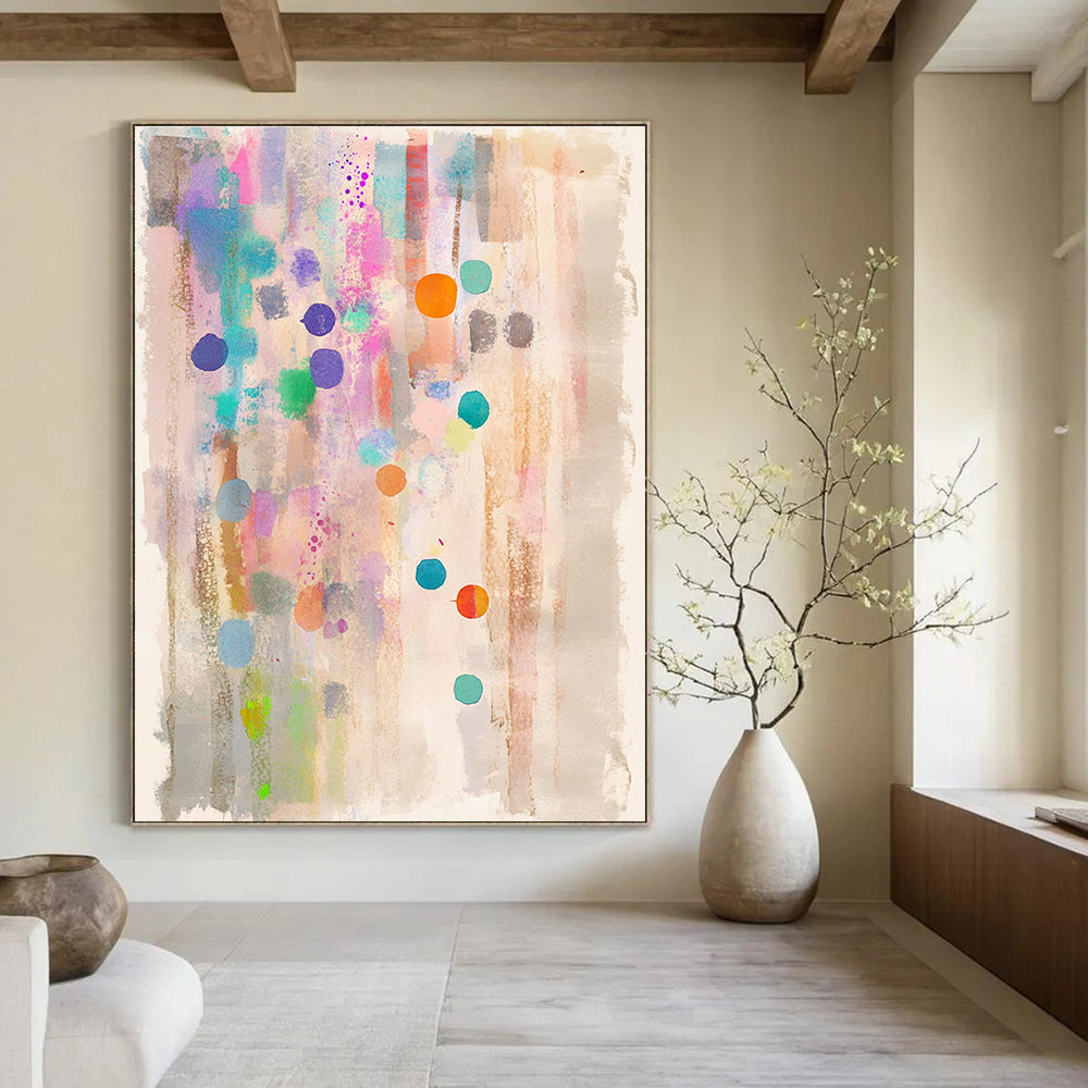 A dreamy watercolor abstract painting with pastel colors dots and stripes on light beige paper featuring a clean white border.STSC988