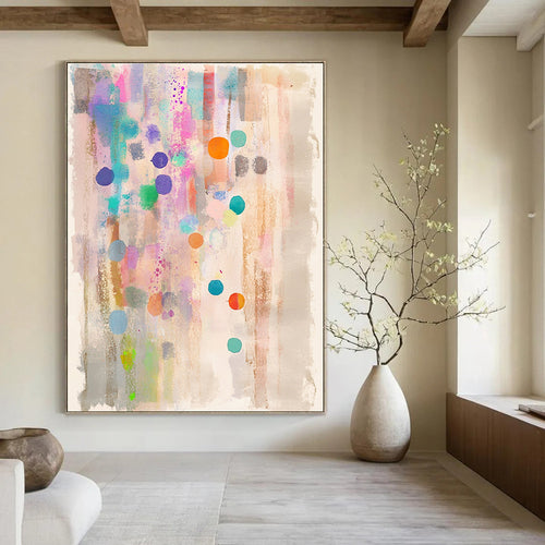 A dreamy watercolor abstract painting with pastel colors dots and stripes on light beige paper featuring a clean white border.STSC988