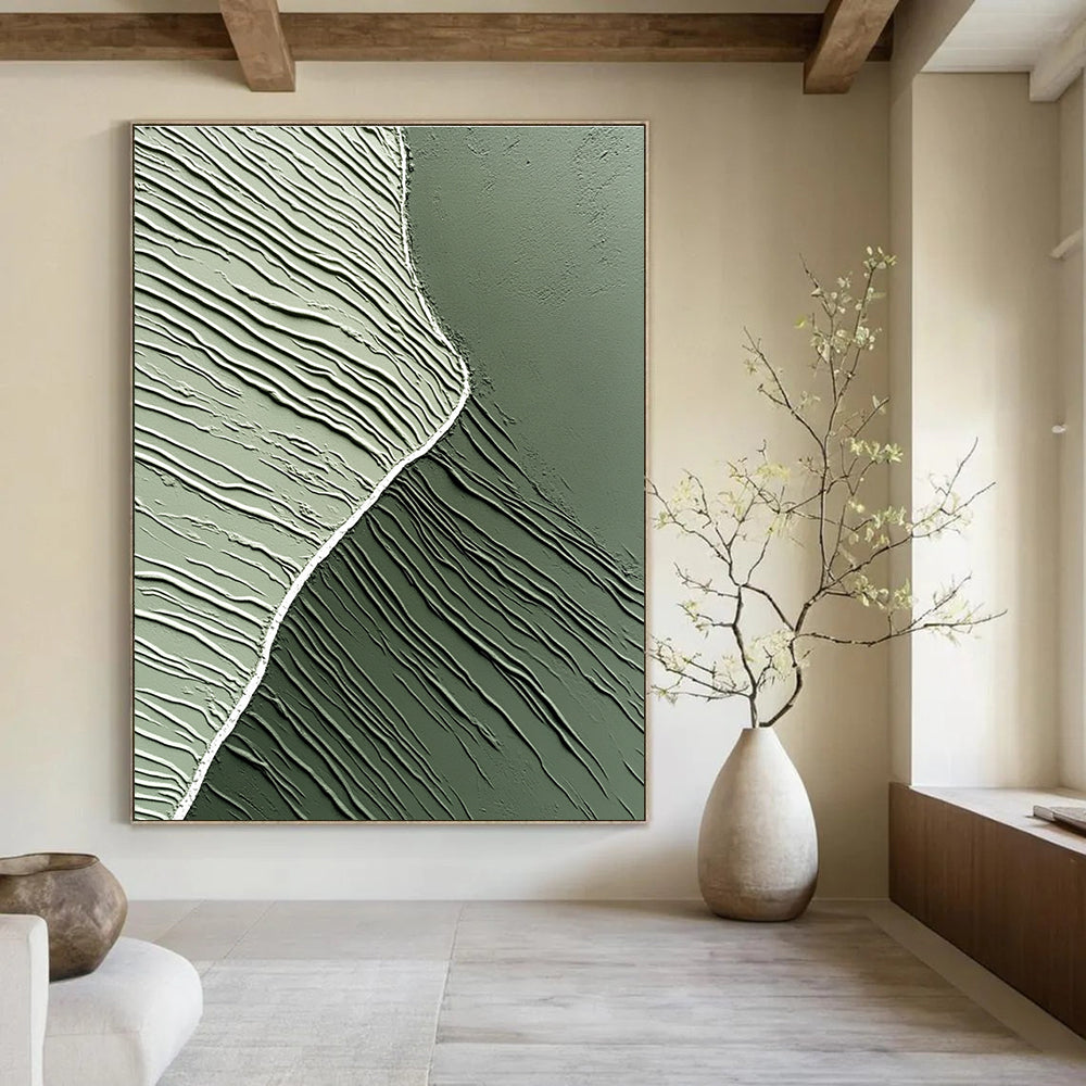 Large abstract artwork featuring smooth gray-green clay textures and a white central line, embodying minimalism and modern aesthetics against a dark background.STSC962