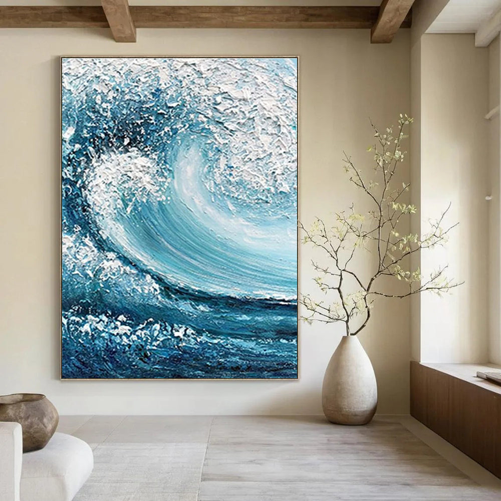 Blue and White Turbulent Wave Abstract Painting ADGE322