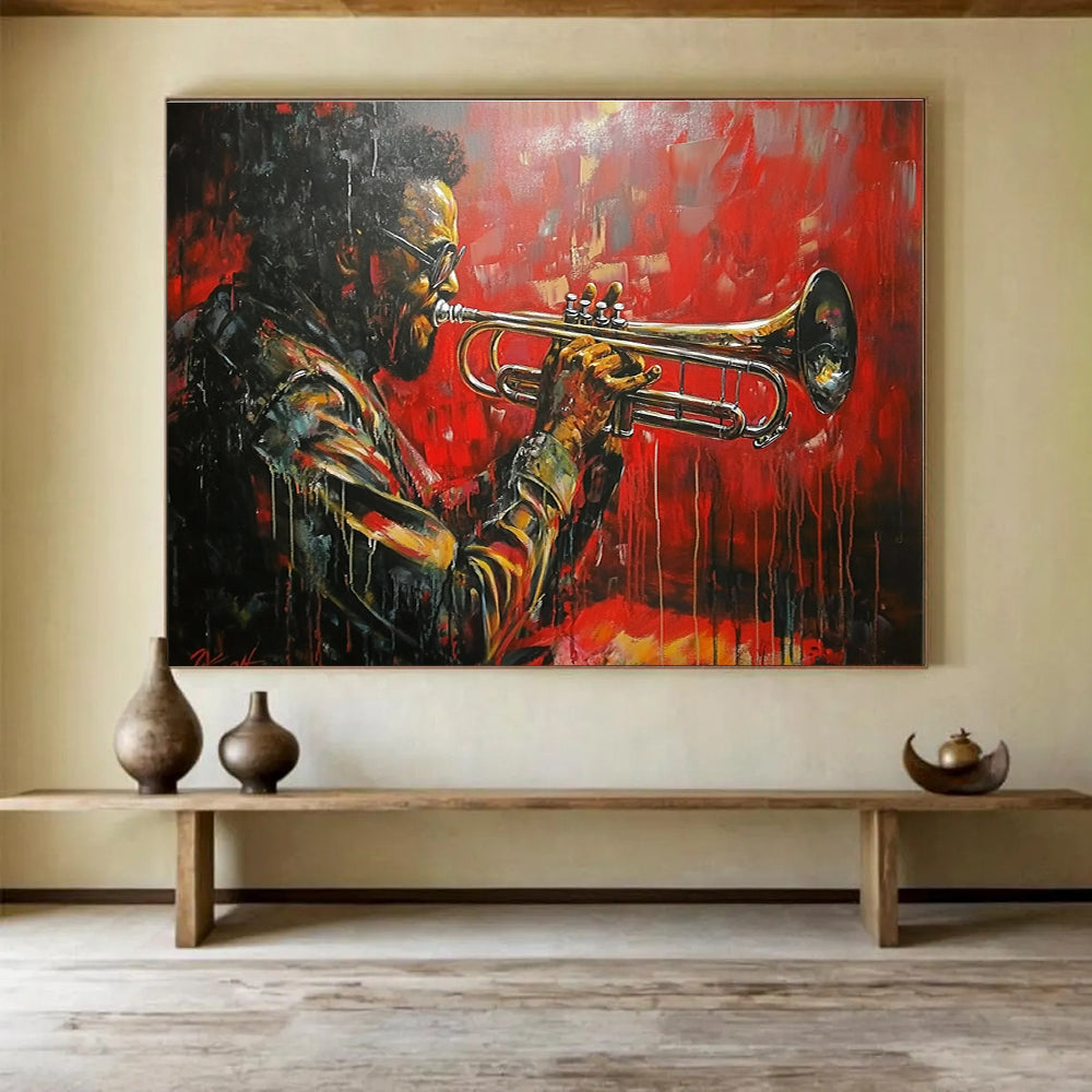 Large abstract painting featuring a trumpet player inspired by Dizzy Gillespie with a red car background and dynamic dripping paint effect.SC120