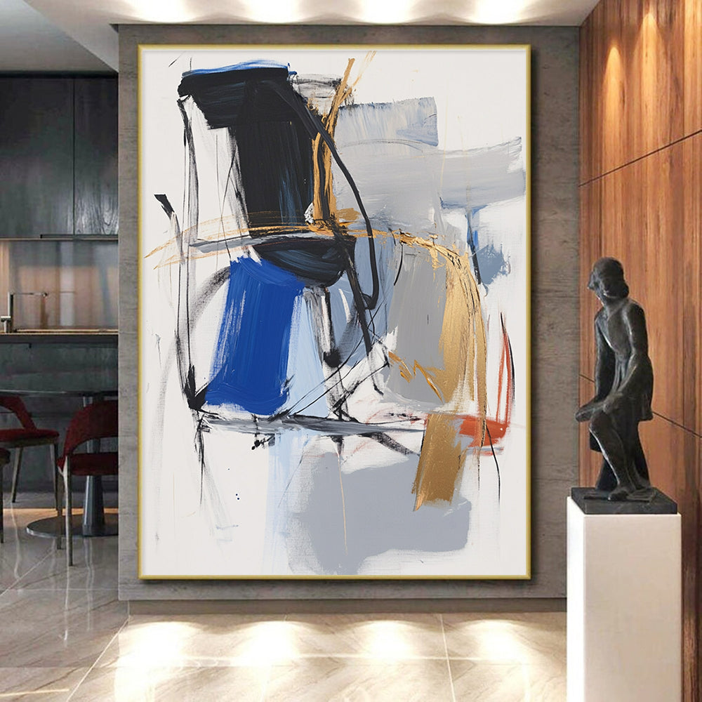 Blue Gray Gold Abstract Painting with Expressive Strokes GER804