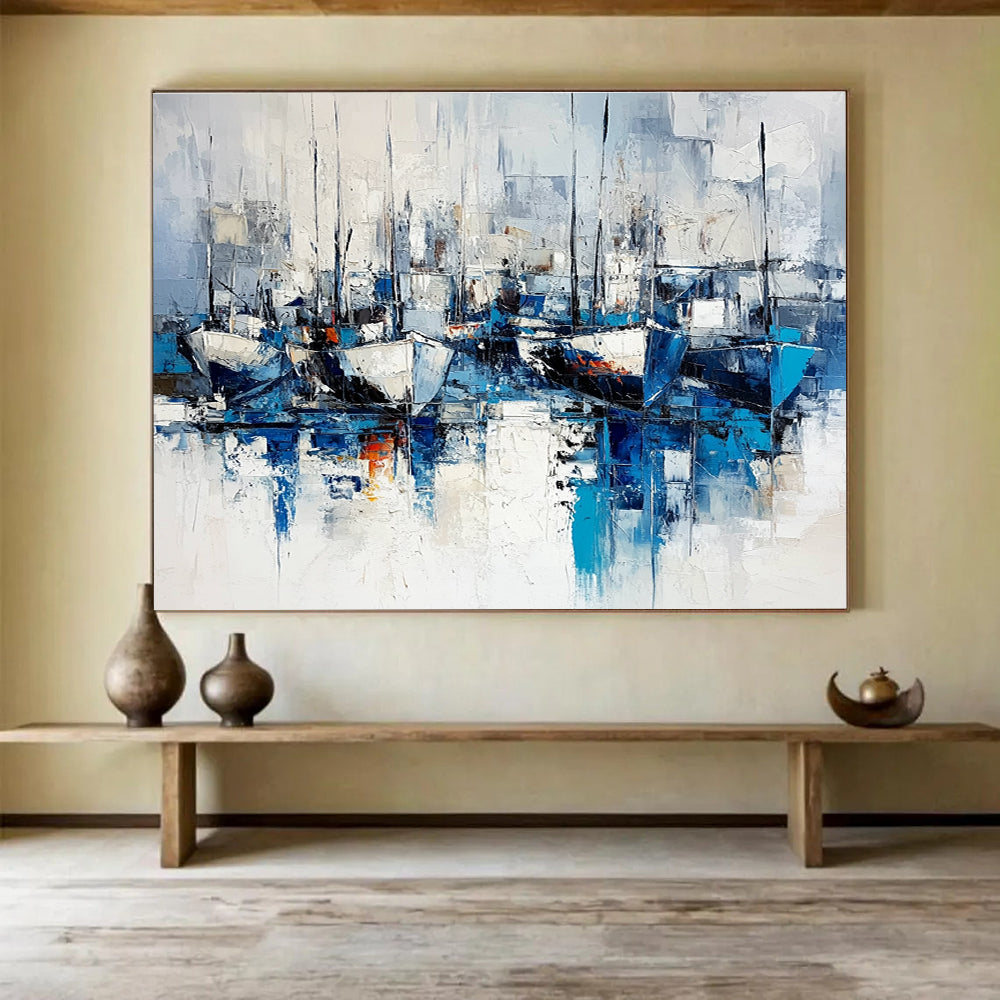 Large abstract painting featuring blue and white hues on a white background capturing chaotic ships and docks in a cool mysterious atmosphere.SC030