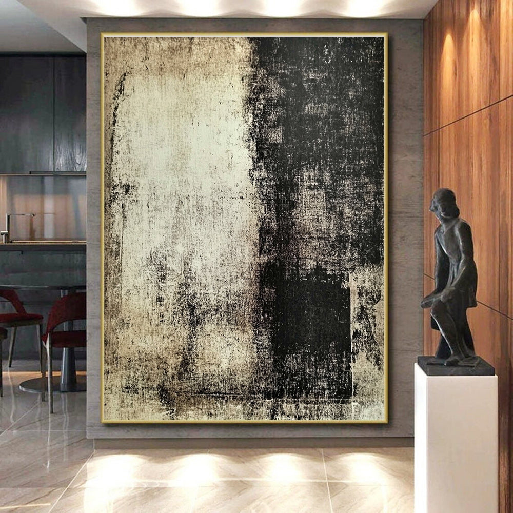Beige and Black Textured Abstract Painting with Aged Effects GER113