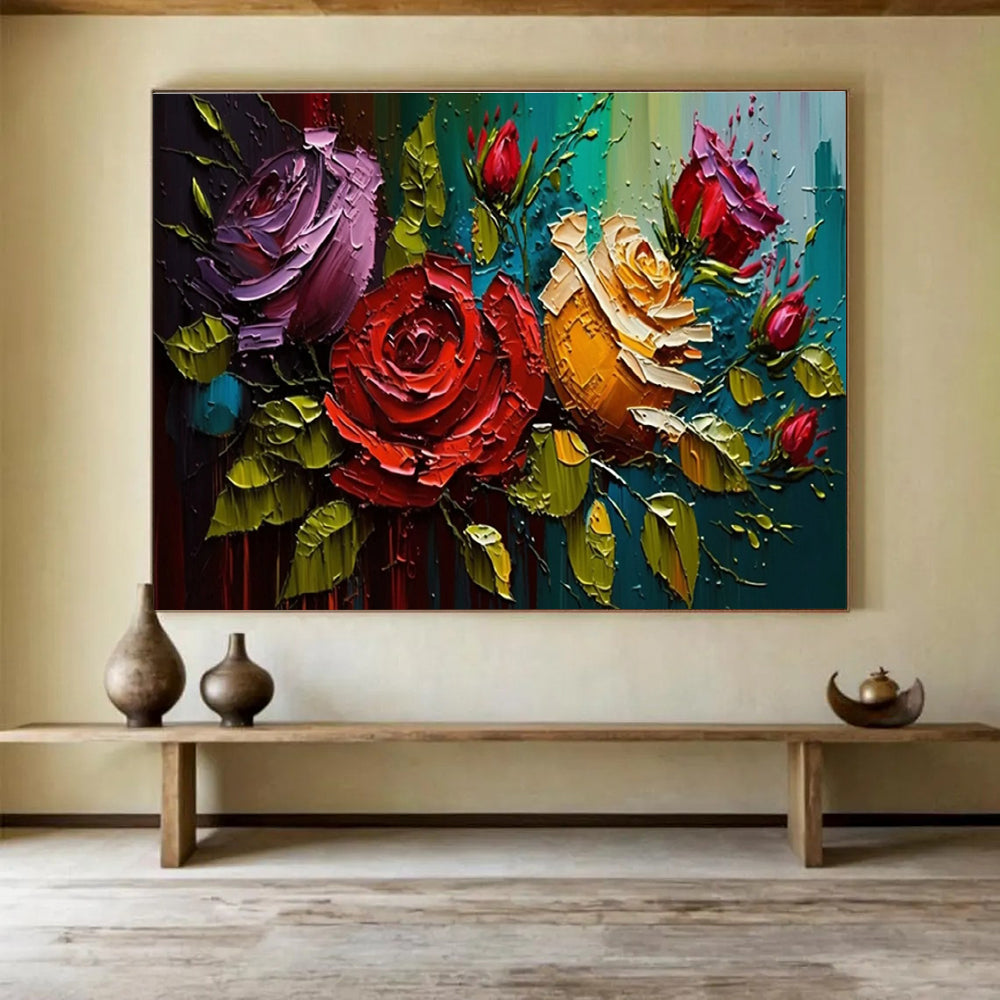 Textured Rose Bouquet Abstract Painting with Rich Color Palette THY303