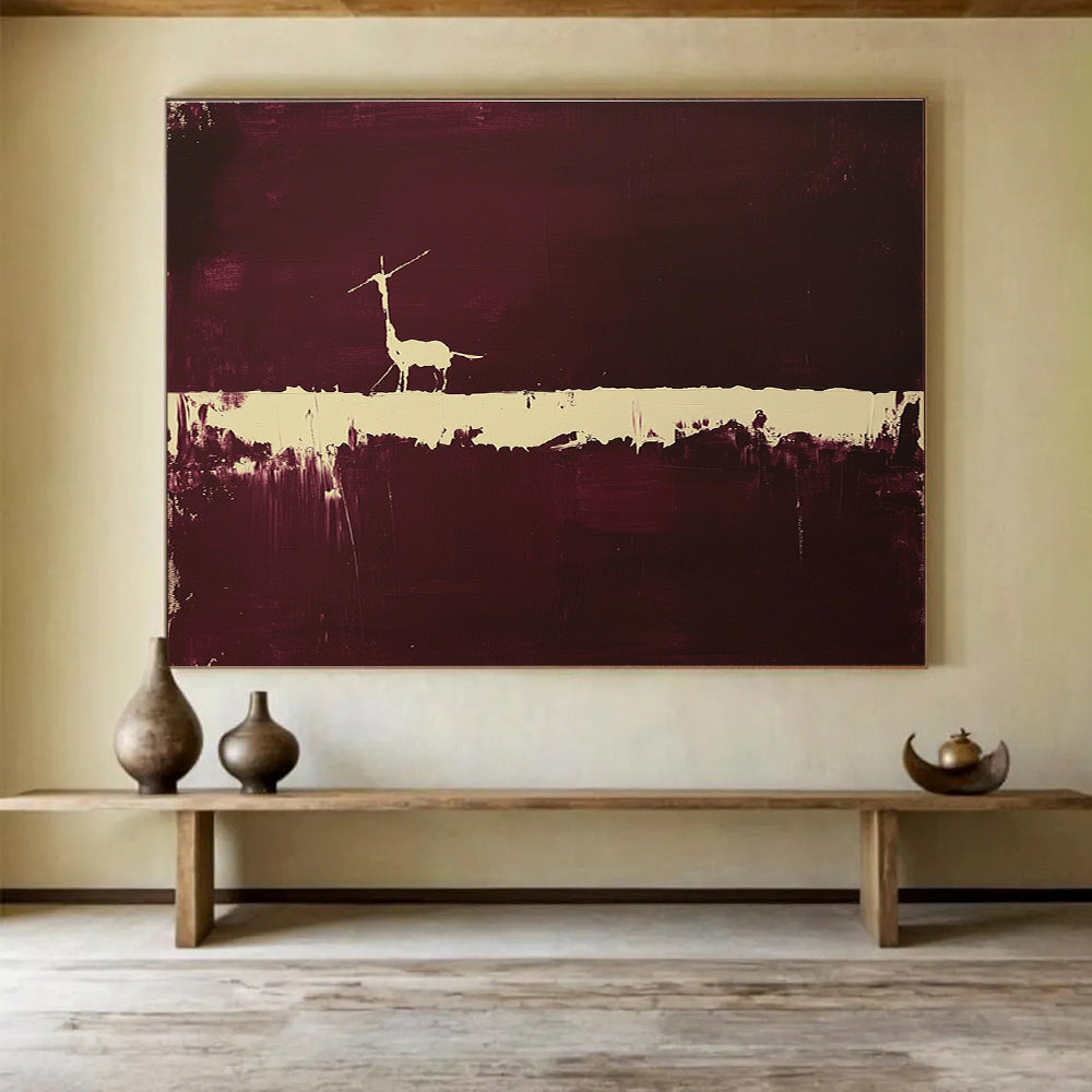 Large abstract painting featuring a minimalistic animal silhouette against a dark maroon backdrop with a striking white line drawing.SC094