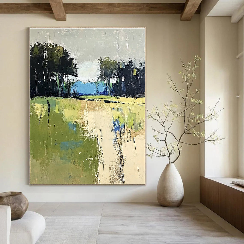 Large abstract painting featuring green and blue fields with distant trees in beige and dark gray tones on a textured canvas.STSC186