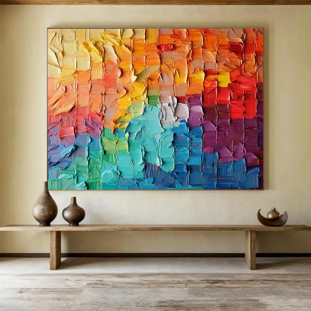 Rainbow Palette Knife Abstract Painting with Layered Color Squares THY299