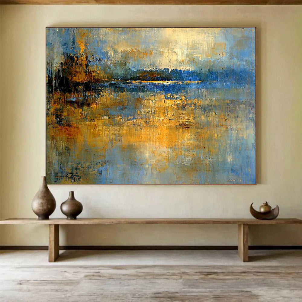 Abstract Lake Landscape Painting with Blue and Gold Tones DYP519
